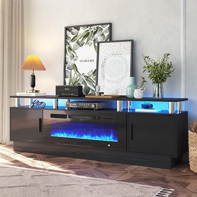 70" TV Stand for Living Room, Modern Entertainment Center & Media Console, Fits TVs up to 80", Storage Cabinet with Shelves, 36" Electric Fireplace with LED Flame (All Black)