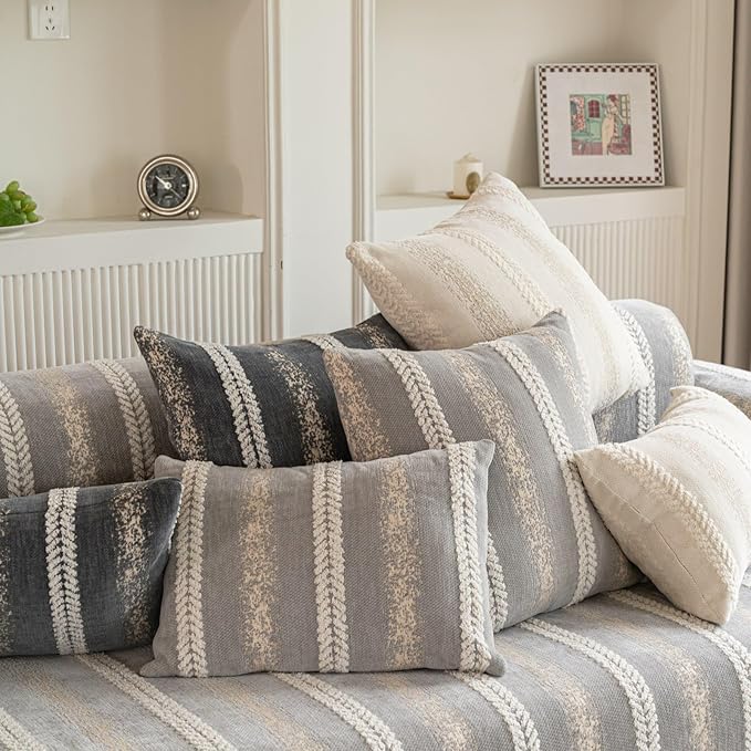 Pack of 1 Decorative Throw Pillow Covers 20x20 Inch, Pillow Cases for Living Room Couch Bedroom Farmhouse Home Decor, Soft Stripe Chenille Cushion Covers for Sofa Beige,20''x20''