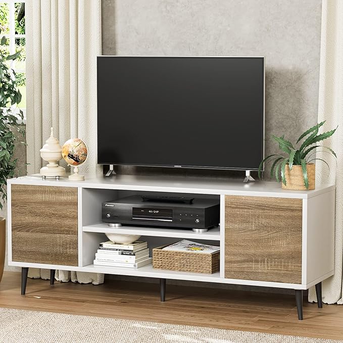 YESHOMY Modern TV Stand for 65" Television, Entertainment Center with Two Storage Cabinets and Open Shelves, Retro Style Media Console for Living Room, Bedroom, Office, 58 Inch, White and Oak