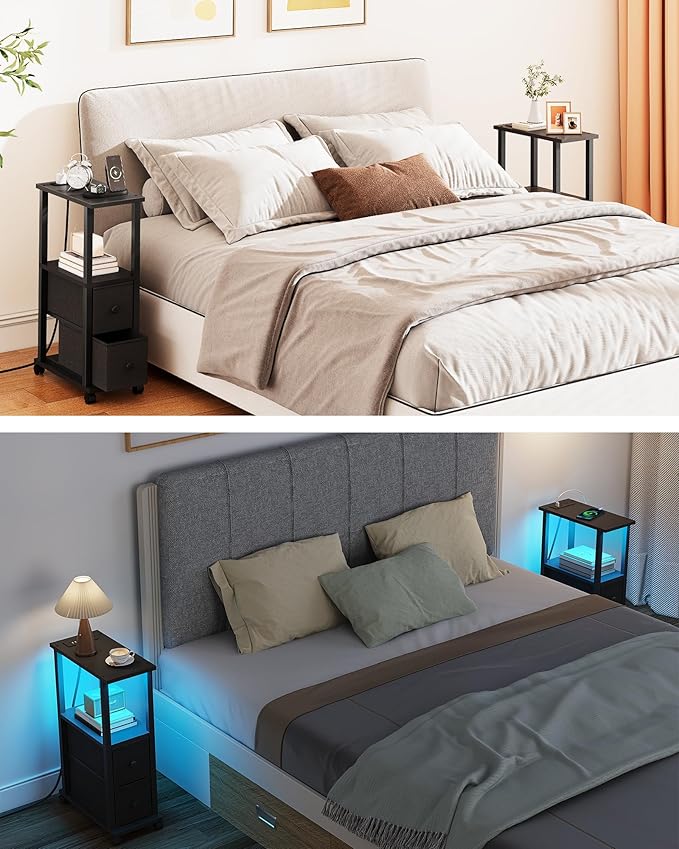 TUTOTAK Small Narrow End Tables, LED Side Tables with 2 Fabric Drawers, Set of 2, Bedside Tables with Charging Station for Small Spaces, Slim Nightstands with USB Ports and Wheels, TB01BK053L