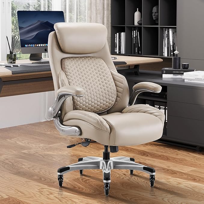 COLAMY Office Ergonomic Desk High Back Executive Chair with Pop-Out Lumbar Support, Upgraded Casters, Adjustable Headrest, Flip-Up Arms, Leather Home with Thick Cushion for Comfort - Khaki