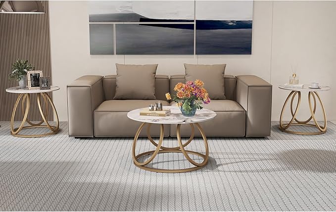 OIOG Round Coffee Table for Living Room, Modern Coffee Table with Marbling Natural Stone, Gold & White