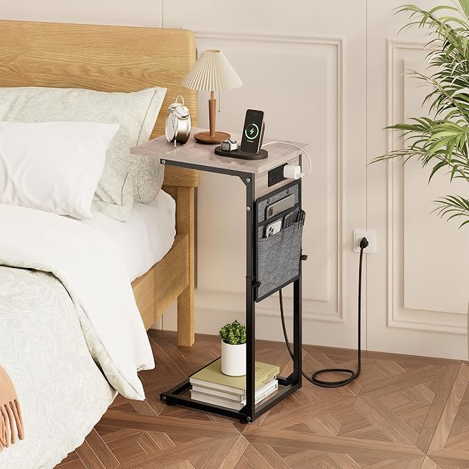 VAGUSICC C Shaped End Table with Charging Station, Adjustable Height Side Table for Couch Recliner, Small Sofa Table with Storage Bag, Slide Under Sofa TV Tray Arm Table for Living Room, Bedroom, Gray