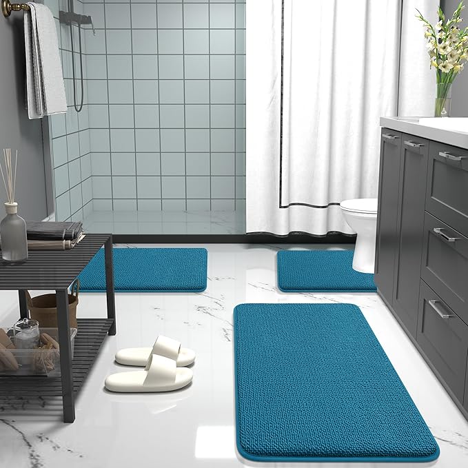 OLANLY Thick Memory Foam Bath Mat Rug 24x16, Extra Soft Absorbent Bathroom Rug, Quick Dry Bath Mat, Non-Slip, Machine Washable Carpet for Bathroom, Tub and Shower, Home Decor Accessories, Peacock Blue
