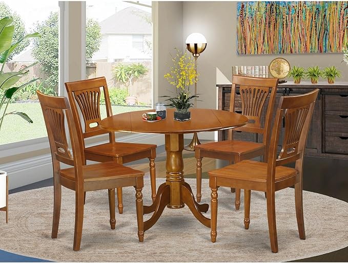 East West Furniture DLPL5-SBR-W 5 Piece Dining Room Table Set Includes a Round Kitchen Table with Dropleaf and 4 Dining Chairs, 42x42 Inch, Saddle Brown