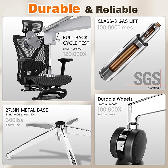 GABRYLLY Ergonomic Office Chair with Adjustable Lumbar Support, 3D Armrests & Headrest, 135° Reclining Chair with Footrest & Large Steel Base,300LBS Swivel Desk Chair(GYMN01)