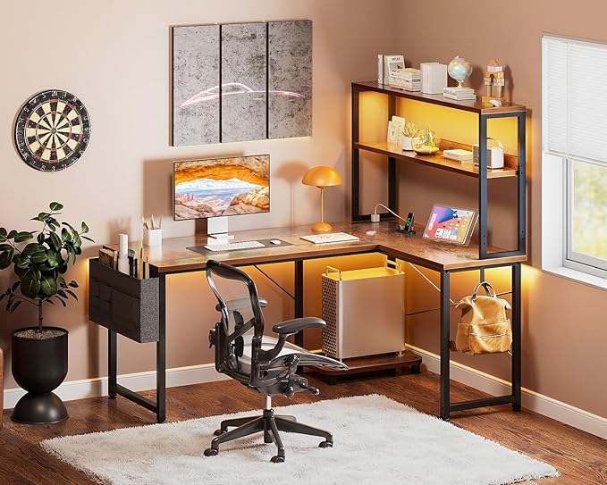 Casaottima Gaming Desk with Power Outlets & LED Lights, 43 Inch Reversible L Shaped Computer Desk with Shelves & Storage Bag, Corner Desk for Home Office, Vintage