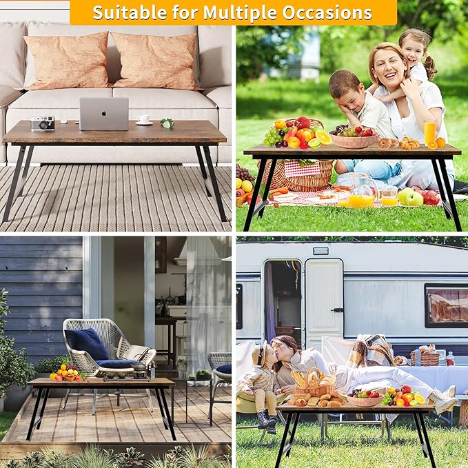 Folding Coffee Table, Portable Wood Low Table with Metal Legs, No Assembly Required, Small Foldable Floor Desk for Living Room/Tea Room/Small Spaces (39.4in x 23.6in x 15.8in) (Rustic Brown)