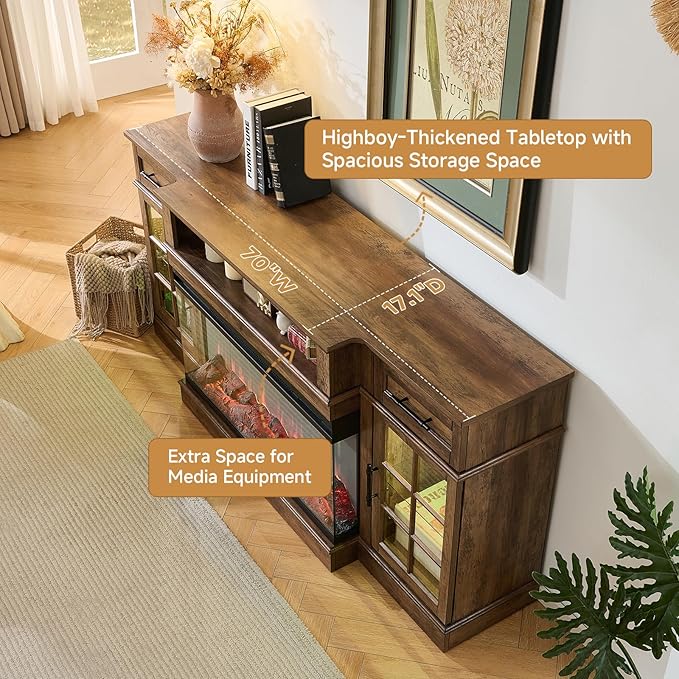 ROCKPOINT 3 Sided Glass 70" Fireplace TV Stand for TVs up to 80",Entertainment Center with Drawers and Glass Door Storage Cabinet for Living Room,36"Electric Fireplace & Adjustable LED Light ,Espresso