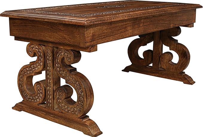 Lightnpro Handcrafted Mango Wood Rectangular Coffee Table - Vintage Rustic Living Room Center Table with Intricate Carving, Modern Farmhouse Style, Eco-Friendly Furniture - 40x18 Inch Burnt Finish