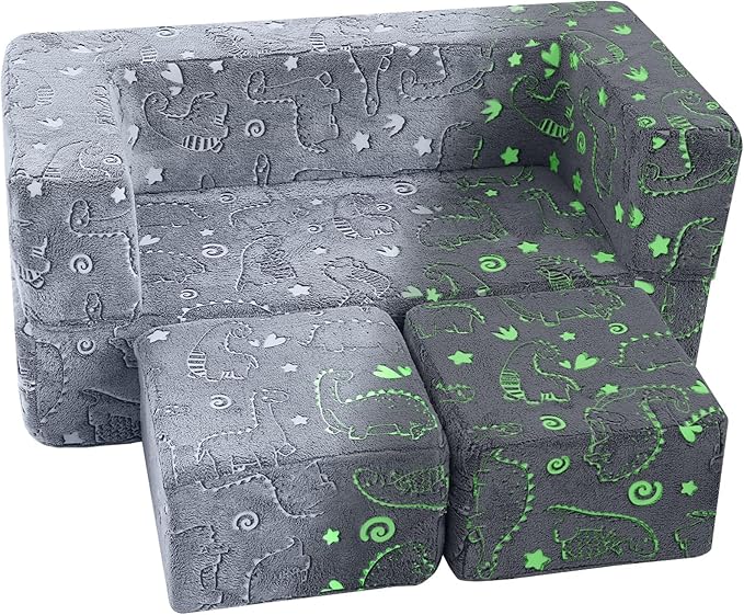 MeMoreCool Glow-in-The-Dark Dinosaur Modular Kids Play Couch — Convertible Foam Sofa for Toddlers, Multi-Configuration Climbing & Fort Building Furniture with Washable Covers, Gray