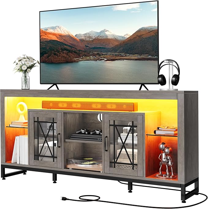 YITAHOME 33.5'' Tall TV Stand for 75 inch TV, LED Entertainment Center with Storage, Grey TV Stands for Living Room with Acrylic Doors & Power Outlets, Tall TV Console Cabinet, Grey