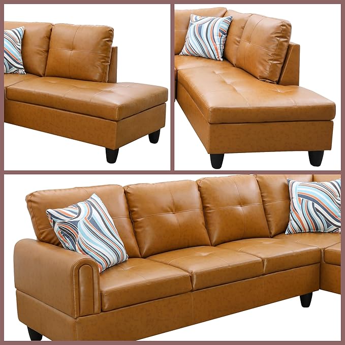 L Shaped Couch Sectional Couches with Chaise, 3 Pieces Modular Convertible Sofa for Living Room Furniture Sets and Small Apartment Faux Leather, Ginger