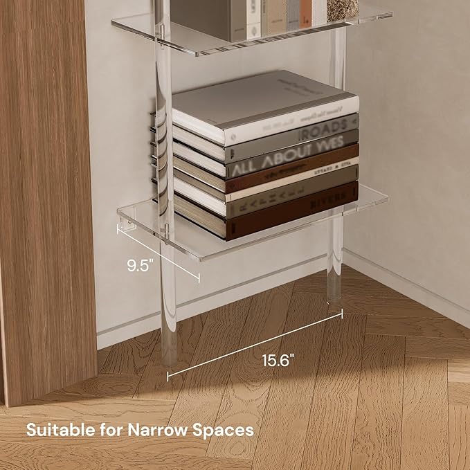 Small Acrylic Ladder Bookshelf, 9.5" D x 15.6" W, 5-Tier Clear Wall Mounted Book Shelf for Small Spaces, Multipurpose Bookcase for Living Room, Bathroom, Office, Modern, 73" H