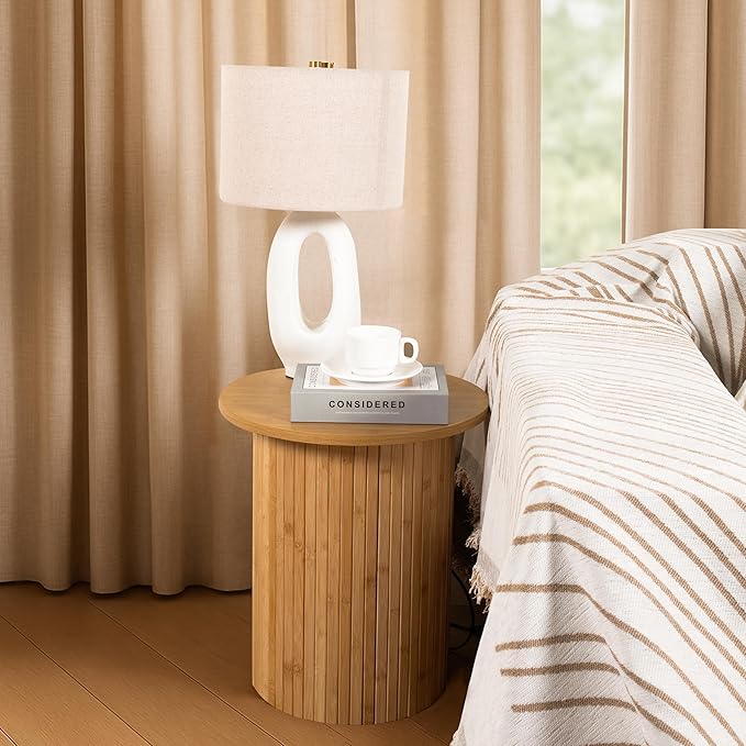 Handcrafted Round Fluted Pedestal End Table with Natural Wood Grain & Bamboo Base – Round Side Table, Coffee Table, Drink Table, Bedside Table for Bedroom, Living Room - 15.7” x 17.8” x 12”
