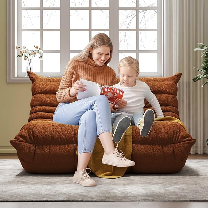 Bean Bag Chairs for Adults, Memory Foam Couch Loveseat Sofa Chair, Soft Teddy Material Cozy Comfy Reading Nook Chairs, Floor Chair for Living Room Bedroom Office(Orange)