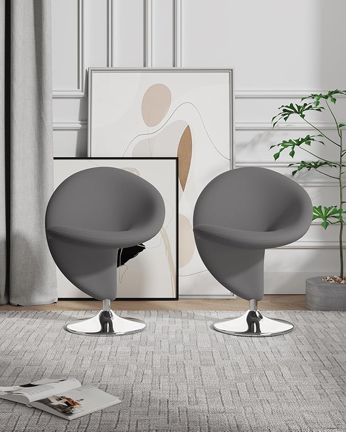 Manhattan Comfort Curl Swivel Accent Chair Set of 2 with 360° Turn, Fully Assembled, Upholstered in Wool Blend, Modern Ergonomic Design with Polished Chrome Base, Living Room & Office, Set of 1, Grey