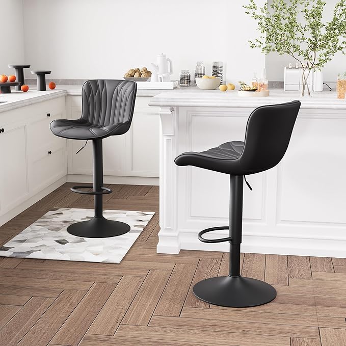 YOUNIKE Single Black Bar Stools Modern Swivel Counter Height Bar Chair with Back Adjustable Kitchen Island Faux Leather Padded Barstools taburetes de bar Breakfast sillas para barra de cocina 1PCS