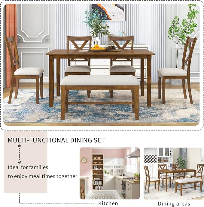 Ball & Cast 6 Piece Dining Table Set with 4 "X-Shaped Curved Backres Fabric Chairs & 1 Bench,Living Room Furniture W/ 60" Rectangle Kitchen Desk,for Restaurant,Home Bistro,Natural Cherry