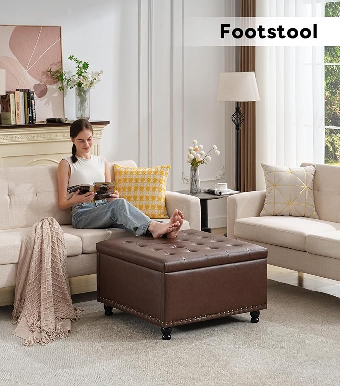 Tbfit Large Square Storage Ottoman Bench, Button Tufted Upholstered Coffee Table Ottoman with Wooden Legs, Oversized Storage Ottomans Toy Box Footrest for Living Room, Brown