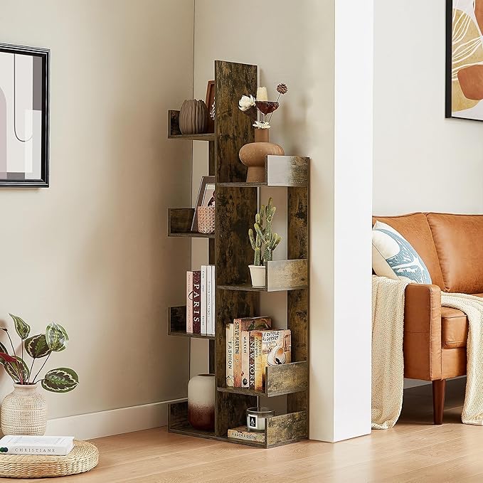 VECELO 8-Tier Tall Cactus-Shaped Tree Bookshelf, Vertical Bookcase with Waterproof Shelves & Rounded Corners, Modern Display Rack for Small Spaces in Living Room, Office, Bedroom, Rustic Brown