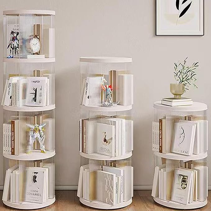 4 Tier Rotating Bookshelf Tower,360 Display Rotating Bookshelf,53.4 inch High Small Space Revolving Bookcase, Home Office Spinning Bookshelf Tower(Round, White)