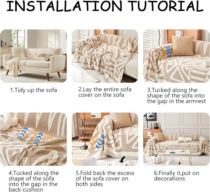 HANDONTIME Sofa Covers Armchair Boho Couch Cover for Dogs Khaki Throw Couch Cover with Tassel Chair Recliner Futon Cover Washable 1 Cushion Couch Non Slip Chenille Couch Protector, 71" X71"