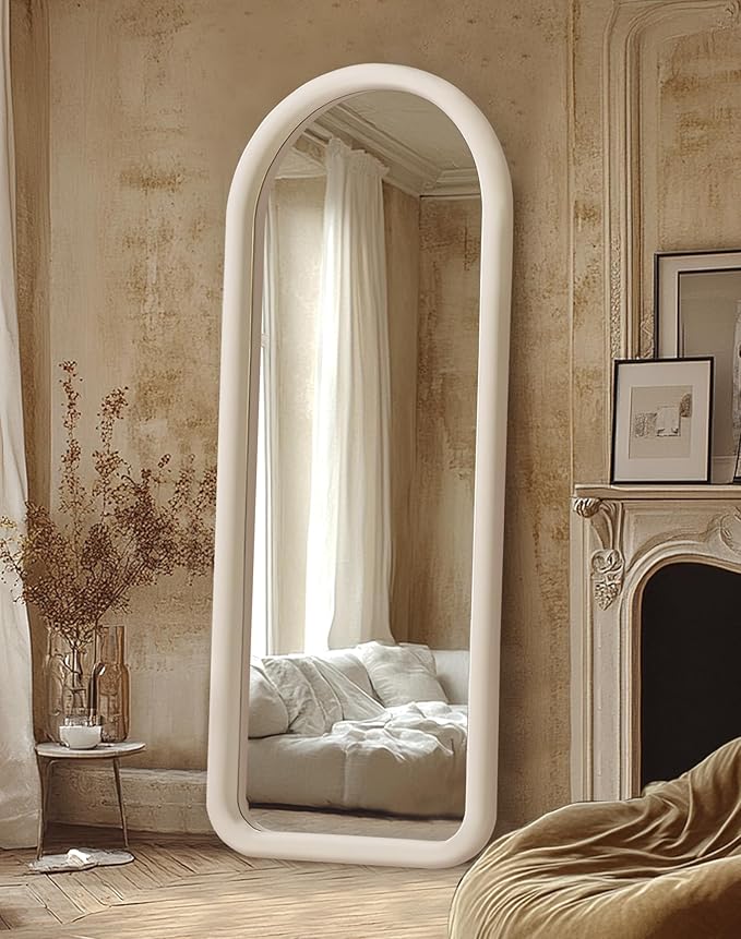 Delma Arched Full Length Mirror, Free Standing Floor Velvet Frame Mirror for Leaning or Hanging, Soft Touch Bedroom & Living Room Decor, Cream White