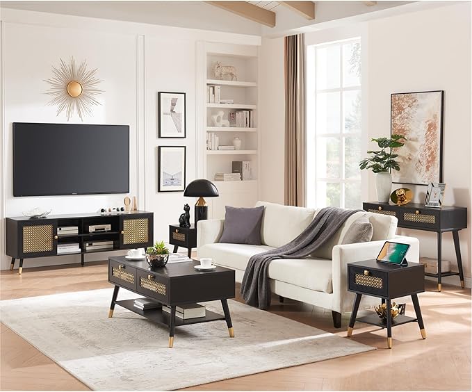 Modern Style Side Table, Small End Table with Drawer and Shelf for Living Room, Square Wooden Nightstand, Black