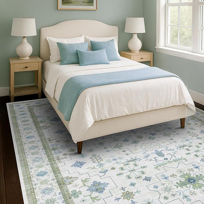 Blue and Green Living Room Rug 7x10 - Cream Oushak Vintage Boho Floral Farmhouse, Washable Low Pile Non-Slip Extra Large Area Rugs for Bedroom, Kids, Lounge