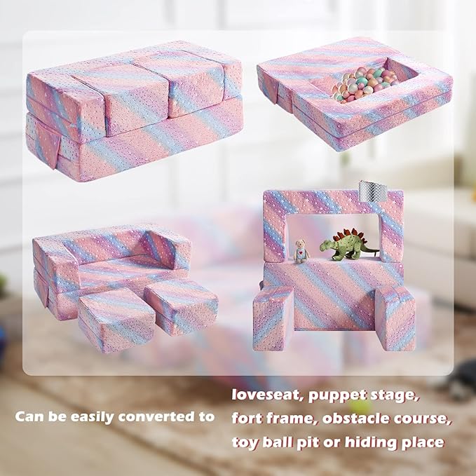 Kids Couch, Glow in The Dark Modular Explore Sofa for Toddler 3 in 1 Fold Out Sofa, Convertible Plush Couch with Washable and Durable Covers