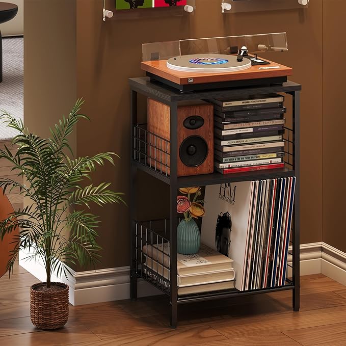 X-cosrack Side Table, Small End Table Record Player Stand with Storage, Vinyl Record Storage Night Stand for Living Room, Bedroom,Office(Patent Pending)(Black)
