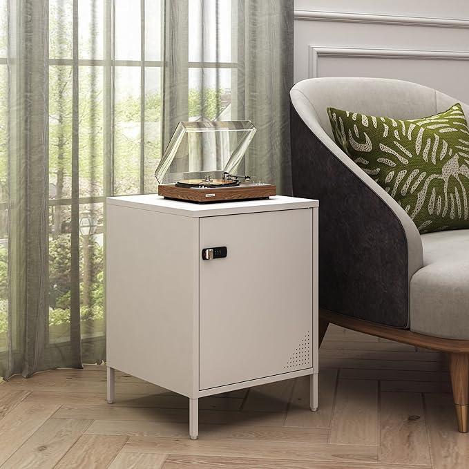 Metal Locker End Table Single Door Nightstand Lockable Bedside Table Storage Cabinet for Bedroom, Dorm, 21.26”H X 15.75”W X 15.75”D (1 Door, White)