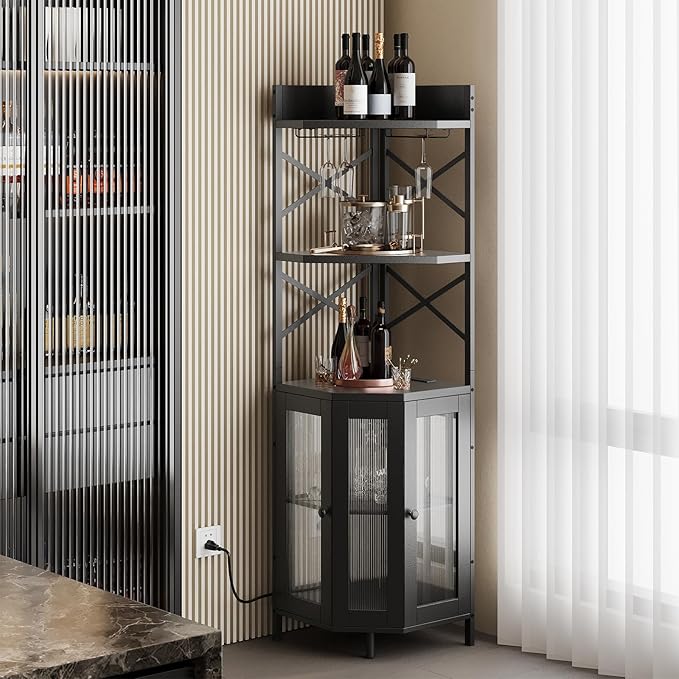 Corner Bar Cabinet with Power Outlet, 5-Tier Corner Wine Cabinet with Led Strip and Glass Holder, Industrial Tall Liquor Cabinet Bar Wine Rack for Home,Black