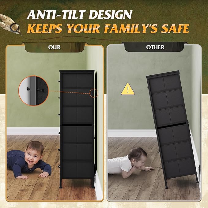 WLIVE Black Tall Dresser for Bedroom, 6 Drawer Dressers & Chests of Drawers, Fabric Dresser for Closet, Living Room, Night Stand with Metal Frame, Storage Tower with Fabric Bins, Wood Top