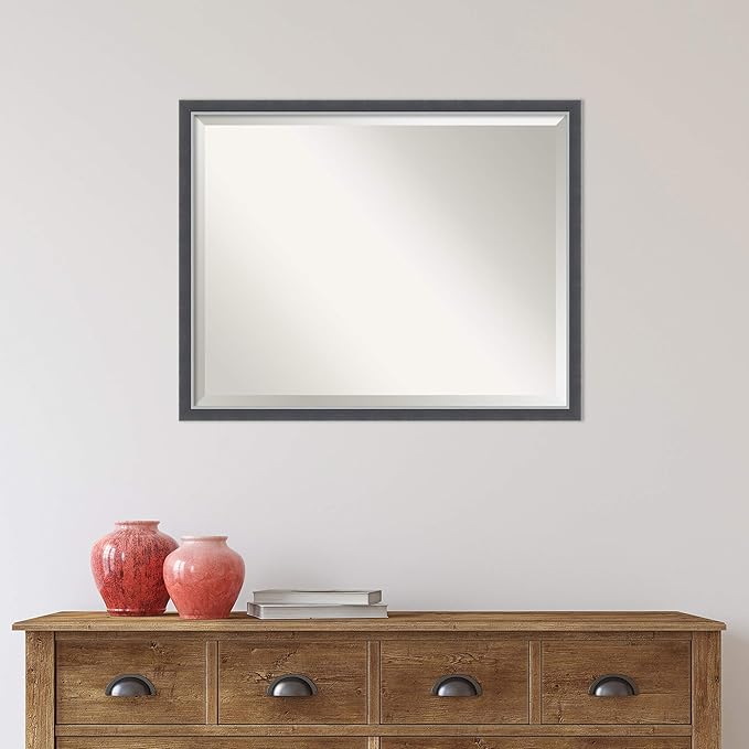 Amanti Art Black Bathroom Mirror for Over Sink, 24x30 Eva Black Silver Thin Rectangle Vanity Mirror, Large Modern Contemporary Frame, Hangs Horizonally and Vertically, Bathroom Wall Decor, Beveled