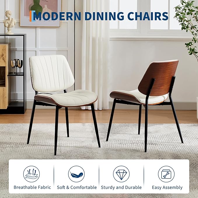Dining Chairs Set of 2 - Mid Century Modern Upholstered Retro PU Leather Kitchen Chairs with Walnut Bentwood Back and Metal Legs for Dining Room and Kitchen, White Shell Strips