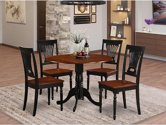 East West Furniture DLPL5-BCH-W 5 Piece Kitchen Table & Chairs Set Includes a Round Dining Table with Dropleaf and 4 Dining Room Chairs, 42x42 Inch, Black & Cherry