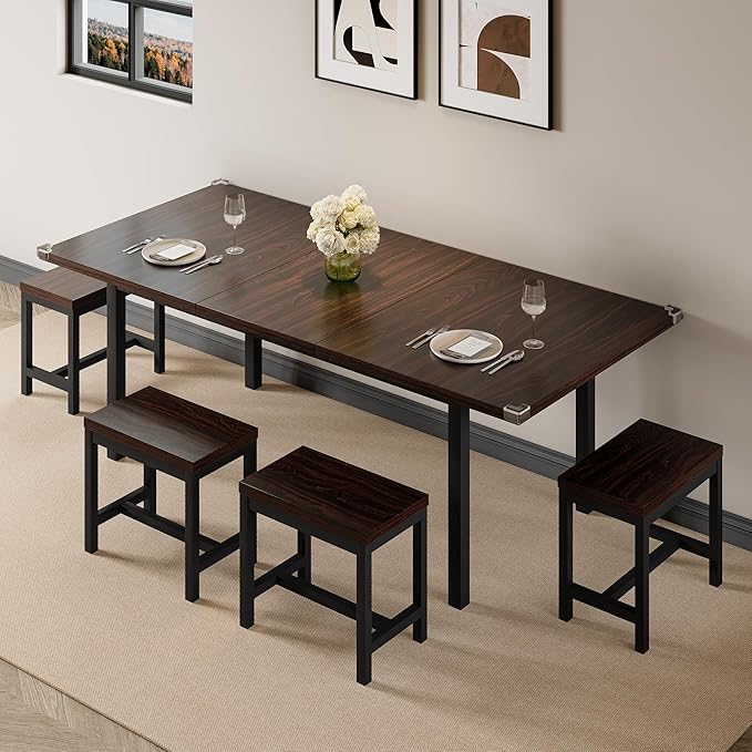7-Piece Dining Table Set, 63" Extendable Kitchen Room Table with 6 Stools, Mid Century Modern Dinner Table with Metal Frame & MDF Board, Space-Saving, Easy Assembly, Espresso