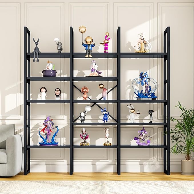 Semoic Large Bookshelf 5 Tiers, Triple Wide Geometric Bookcase, 71 Inches Tall Industrial Book Shelves Etagere Book Case, Sturdy Metal Frame, Freestanding Display Shelving Unit (Black)