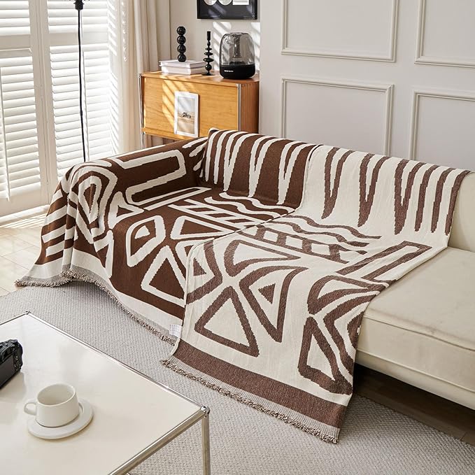 STACYPIK Boho Chocolate Beige Sofa Cover Anti-Slip Reversible Couch Cover for 2 Cushion Couch Soft Chenille Armchair Slipcovers L Shaped Cover for Sectional Furniture Protector for Kids Dogs-71X102IN