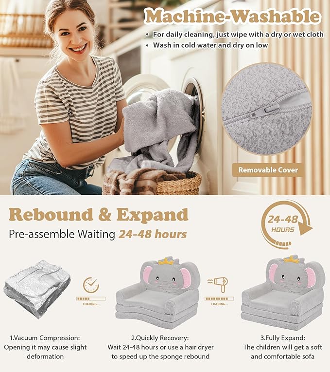 Kids Couch, 2-in-1 Soft Toddler Couch Fold Out with Blanket, Chair Comfy, Foldable Convertible Plush Sofa to Lounger, Gifts for Kids Girl Boys, Elephant