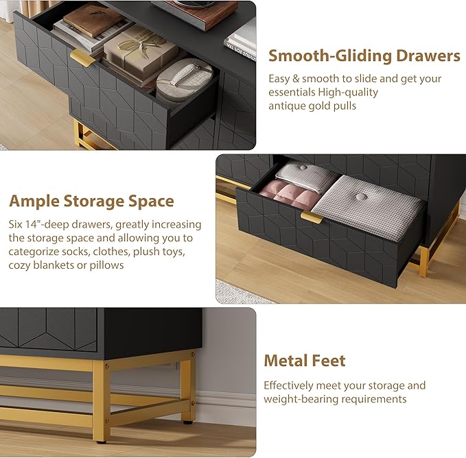 Dresser for Bedroom, 53.5" Large Dresser Organizer, 6 Drawer with Golden Metal Handle and Legs, Modern Chest of Drawers, Black Dressers with Drawers for Closet, Hallway, Living Room, Entryway