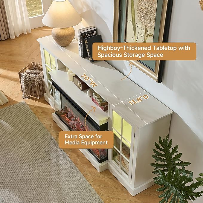 ROCKPOINT 3 Sided Glass 70" Fireplace TV Stand for TVs up to 80", Media Entertainment Center with Glass Door Storage Cabinet for Living Room,36" Electric Fireplace & Adjustable LED Light,White