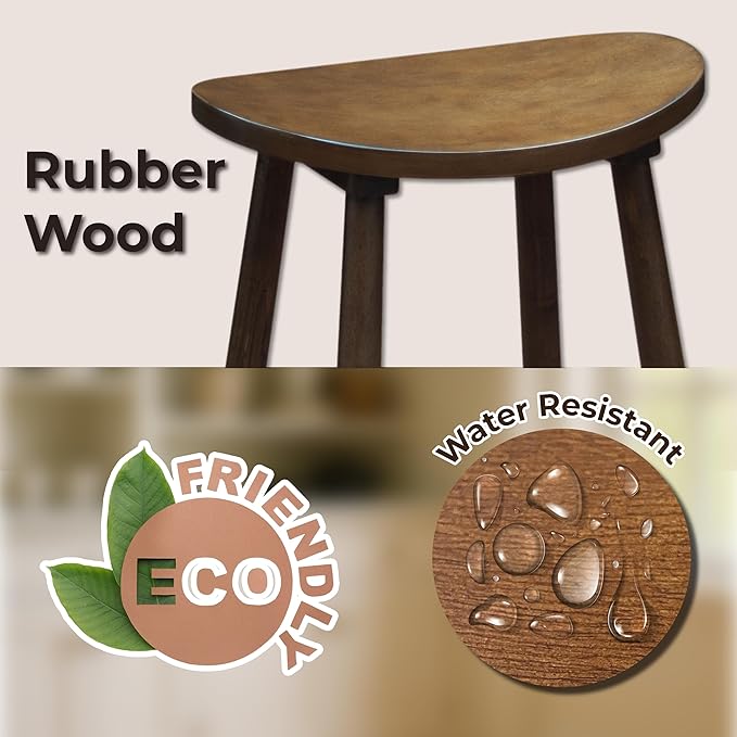 Nora 25" Counter Height Bar Stool, Backless Wooden Stool with Saddle Seat, Solid Rubber Wood Construction, Brown Finish, Ideal for Kitchen Island & Home Bar Seating