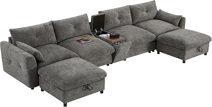Merax 142'' Modular Sectional Sofa Set with Movable Storage Ottoman and Console, Cup Holder, Wide Seat, 6 Seat U Shaped Couch, Oversized Chenille Sofa with USB Charger for Living Room, Apartment, Gray