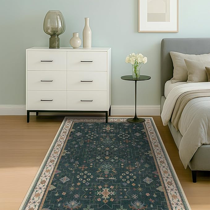 Dark Green Oushak 5x7 Living Room Rug - Modern Vintage Boho Eclectic Floral Pastel, Washable Low Pile Non-Slip Large Area Rugs for Nursery Dining Under Table Bedroom Lounge