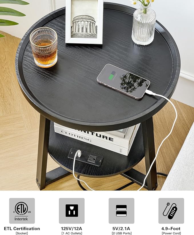 Round End Table with Charging Station, 19.7" Dia x 23.63" H, Side Table with Storage Shelf, Accent Table, for Living Room, Bedroom, Small Spaces, Metal Frame, Industrial Style (Black)