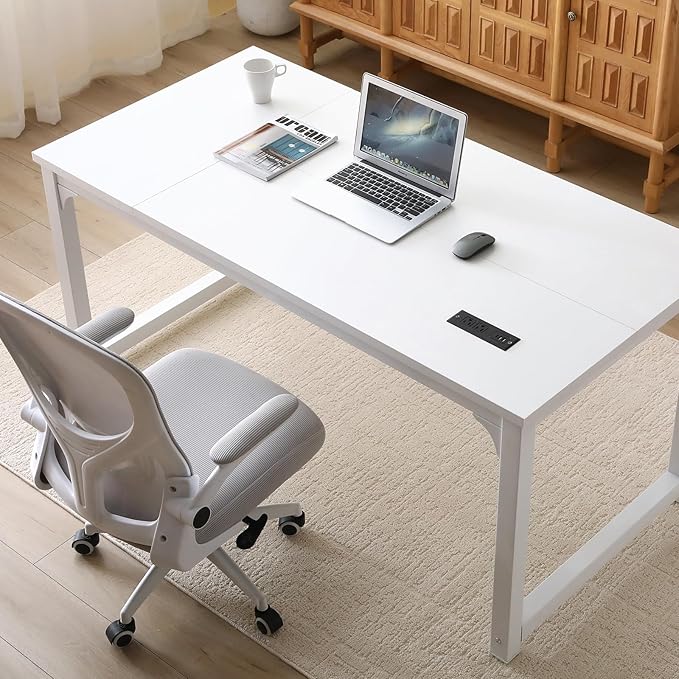 Large Computer Desk - 63 Inch Home Office Desks Study Student Writing Table Gaming Desk Wood Modern Simple Table with USB Ports, White
