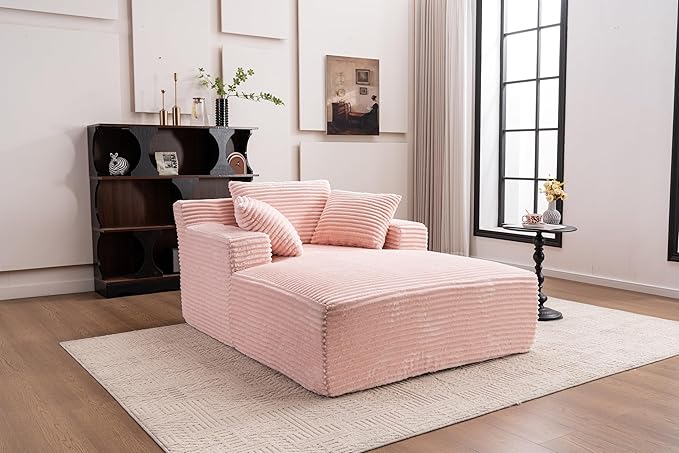 Oversized Chaise Daybed Lounge Sleeper Chair Sofa Bed Indoor, Fluffy Corduroy Upholstered Sleeper Recliner Sofabed Extra Wide Full Foam Cloud Sofabed W/3 Pillows for Home/Apartment Living Room Bedroom